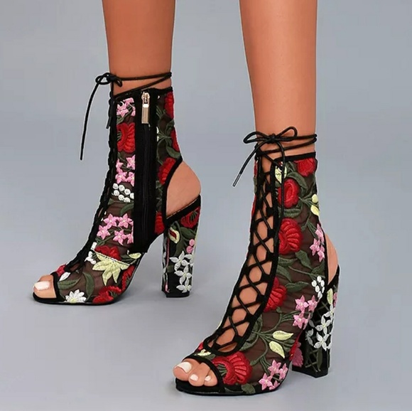 Lace Mesh Embroidery Floral Peep Toe Booties - Picture 5 of 6